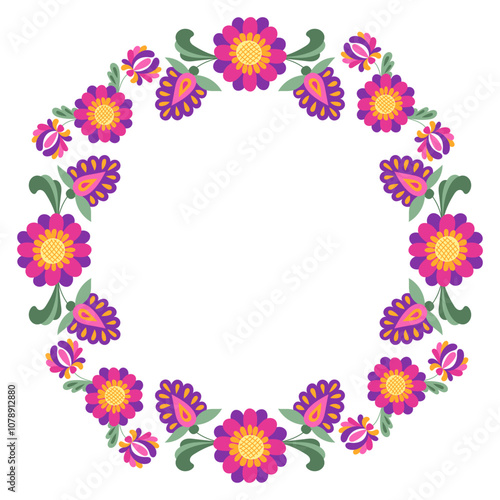 Colorful floral wreath illustration in Mexican folk art style with vibrant flowers and leaves arranged in a circular pattern or floral wreath. Vector fantasy composition isolated on white background