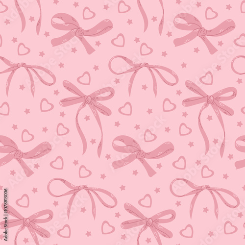 Pink bows seamless pattern with hearts and stars on light pink background. Cute and playful design suitable for festive or girly themes. St Valentines day illustration