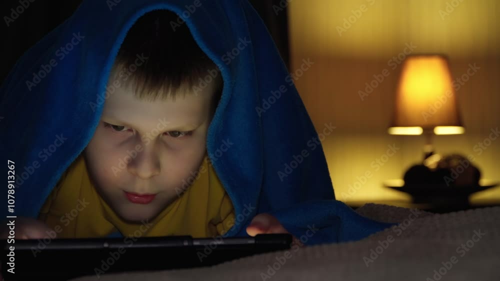A teenage boy plays online games on a digital tablet in the bedroom before going to bed. The concept of children's dependence on digital gadgets. A teenage boy plays online games on a digital tablet in the bedroom before going to bed. The concept of children's dependence on digital gadgets.