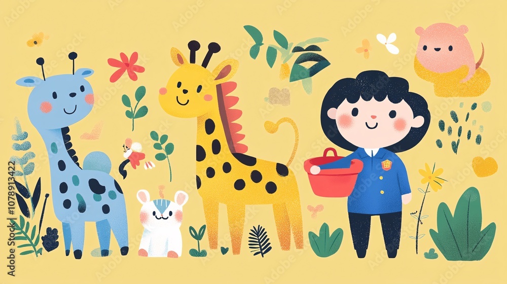 Fototapeta premium Cute Cartoon Animals and Kid Illustration for Kids Room Decor