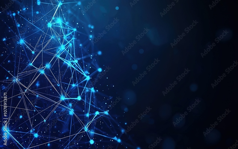 Abstract representation of a network structure with glowing blue connections and dark background, showcasing technology and data visualization Abstract representation of a network structure with glowing blue connections and dark background, showcasing technology and data visualization