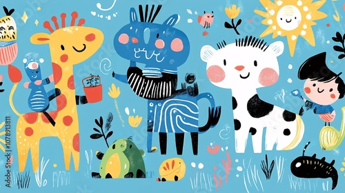 Cute Cartoon Animals in a Sunny Meadow