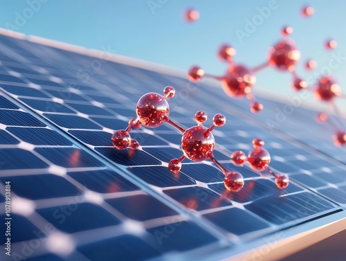 Nanoparticles interacting with molecular structures to improve solar panel efficiency, abstract energy visualization photo