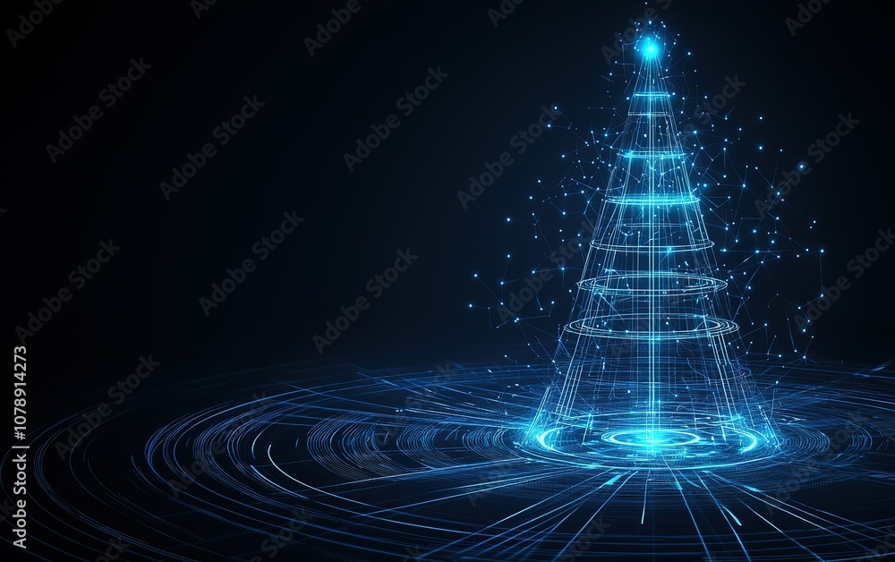 A digital Christmas tree illuminated with glowing blue lines and swirling particles against a dark background, representing festive technology A digital Christmas tree illuminated with glowing blue lines and swirling particles against a dark background, representing festive technology