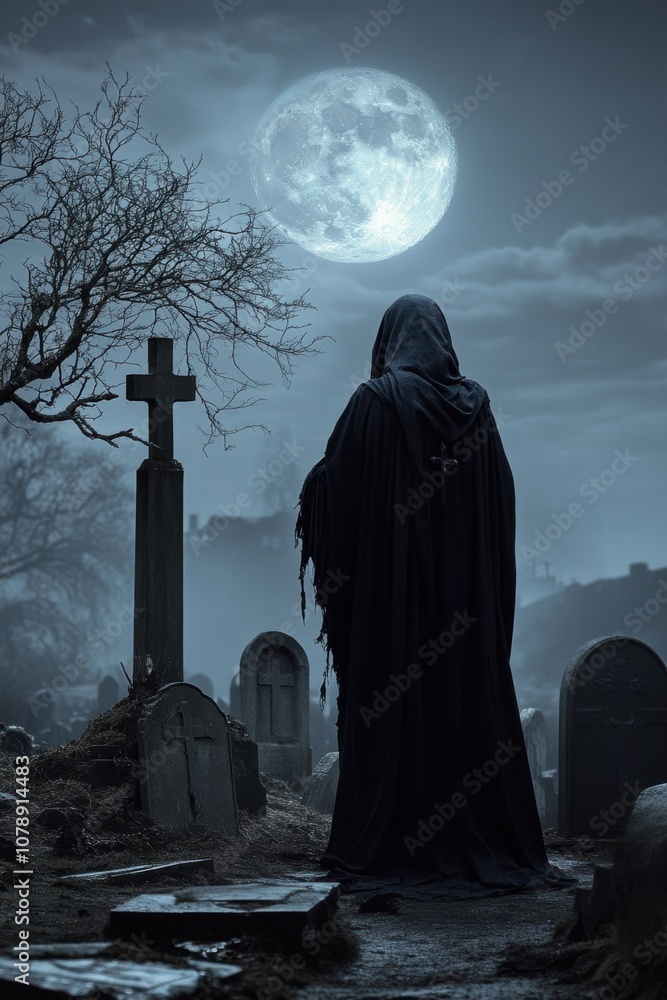 Grim reaper with scythe in graveyard. Halloween theme poster. Grim reaper with scythe in graveyard. Halloween theme poster.