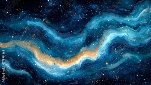 Abstract cosmic waves in deep blues and golds, evoking a sense of the universe.