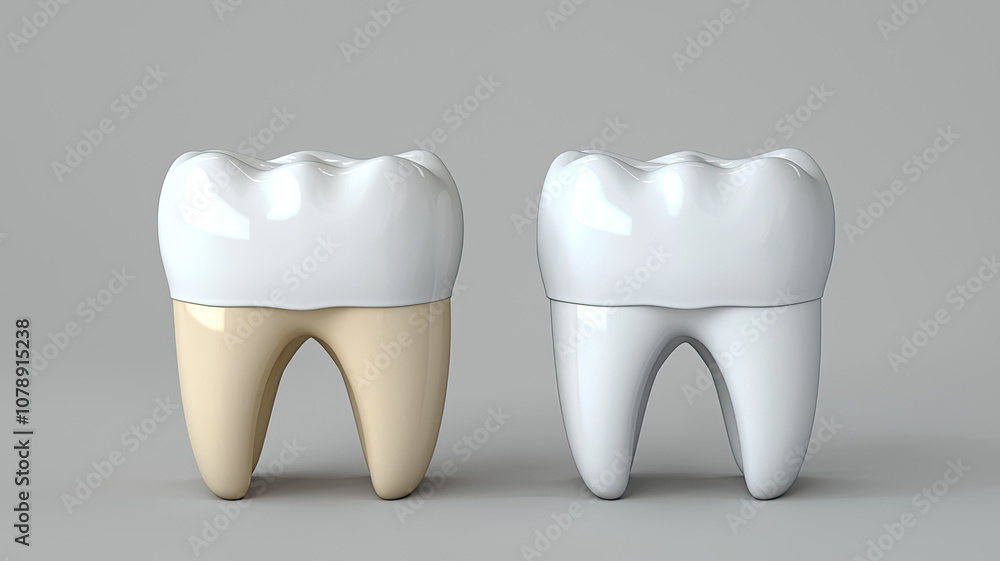 Whitening effect on teeth shown in side by side comparison, highlighting difference between stained and whitened teeth Whitening effect on teeth shown in side by side comparison, highlighting difference between stained and whitened teeth