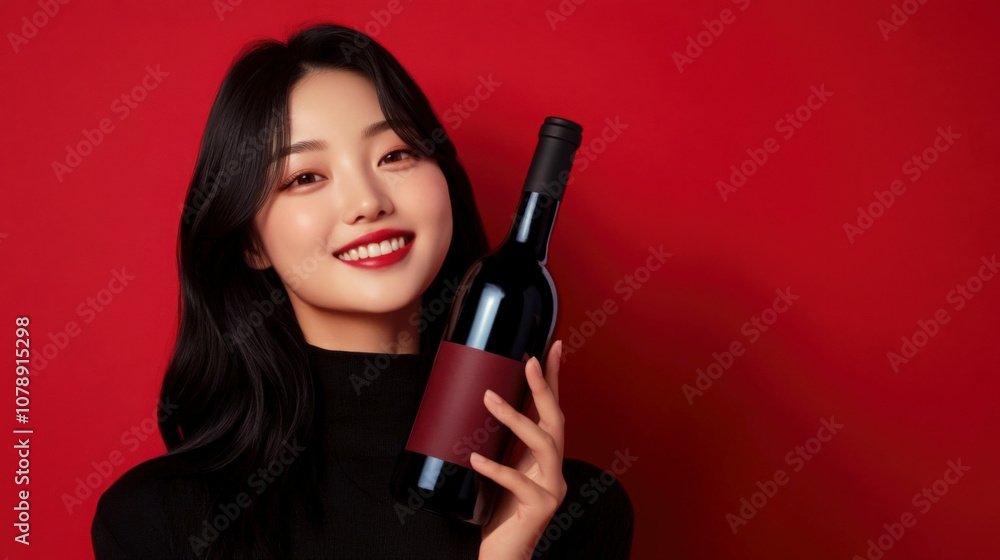 Asian Woman holding a bottle of Red Wine Blank Label on Red Background New Year Celebration Concept 16:9 Asian Woman holding a bottle of Red Wine Blank Label on Red Background New Year Celebration Concept 16:9