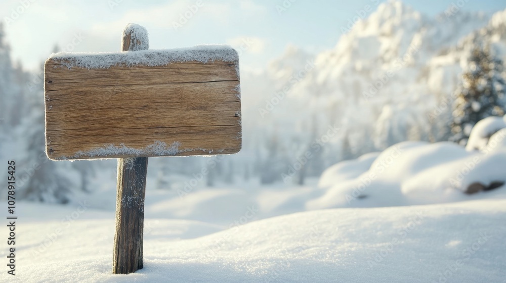 Fototapeta premium Wooden sign in a serene winter landscape surrounded by snow-laden trees and majestic mountains under a clear blue sky, evoking tranquil outdoor wilderness vibes