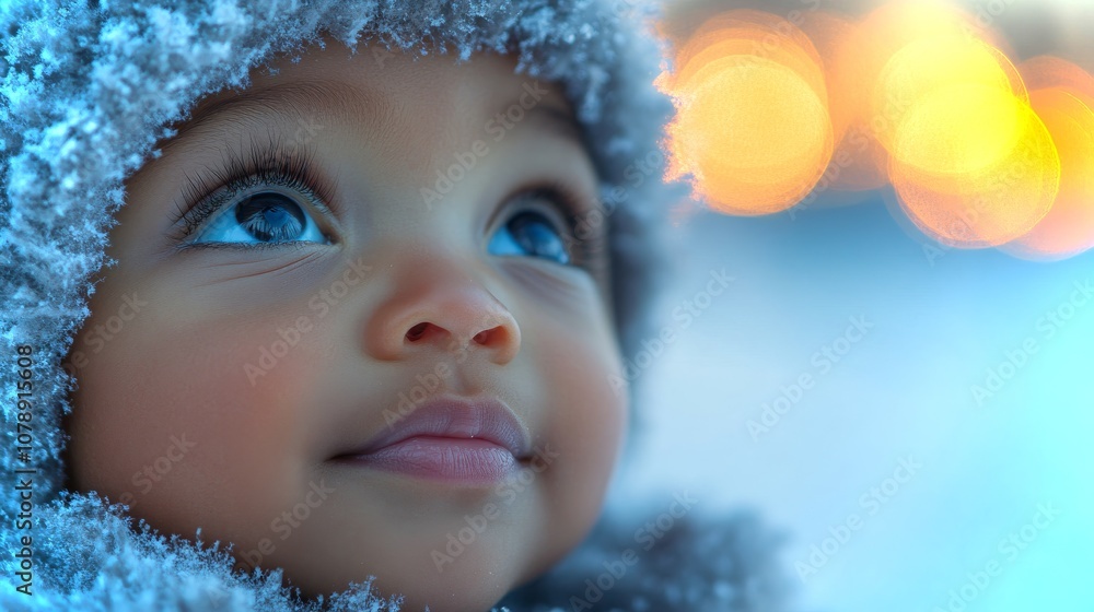 Joyful African-American baby wearing a fluffy hat gazing upwards in a wintry outdoor setting