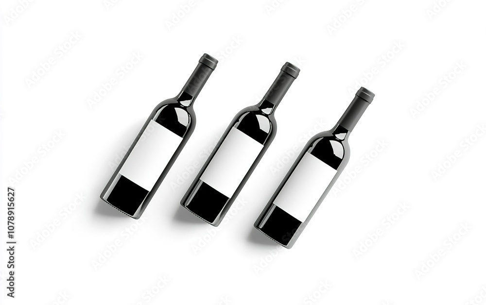Three elegant wine bottles arranged creatively on a white background for a minimalist aesthetic Three elegant wine bottles arranged creatively on a white background for a minimalist aesthetic