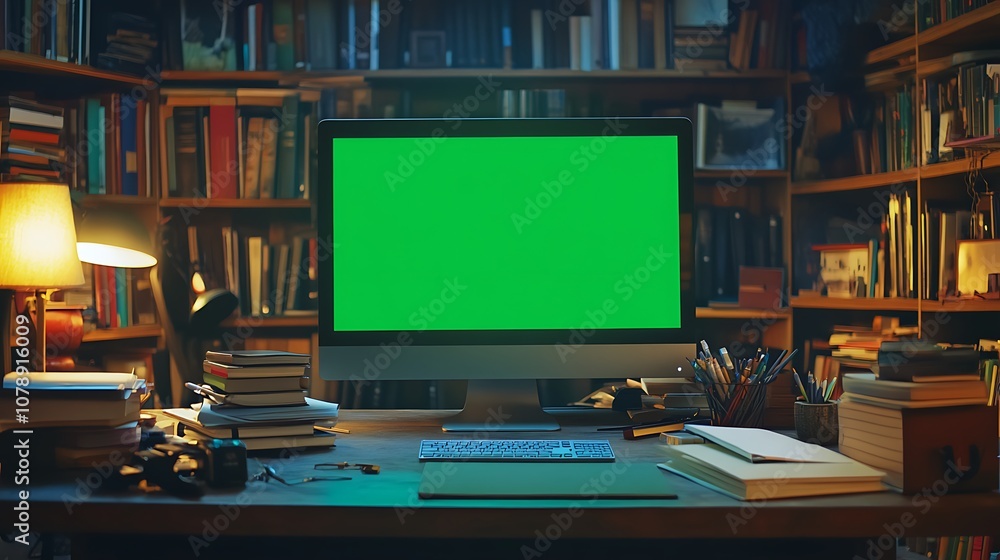 Desktop computer with green screen on a desk surrounded by books and stationery Desktop computer with green screen on a desk surrounded by books and stationery