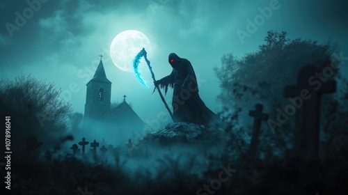 Grim reaper with scythe in graveyard. Halloween theme poster. photo