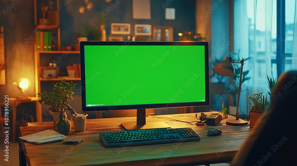 Naklejka premium Desktop computer with green screen on a wooden desk in a cozy home office