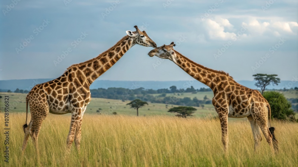 Obraz premium Two Giraffes Interact Peacefully in the Savanna Under a Cloudy Sky at Midday. Generative AI