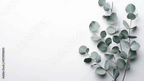 Eucalyptus Leaves on White Background: Minimalist Floral Photography