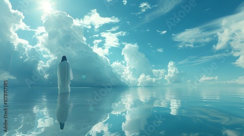 Jesus on calm ocean waters, his reflection showing an illuminated, angelic figure, clear blue water mirroring the sky above, soft, peaceful light, a feeling of divinity and peace 