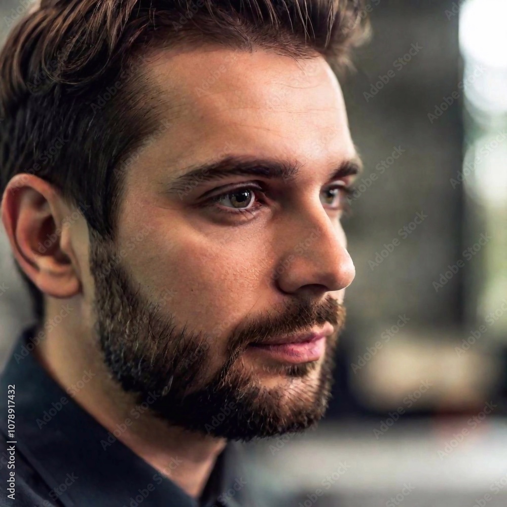 Obraz premium close up the worker face is illuminated by the monitor glow, sharply focused, while the rest of the room fades into a soft blur, creating a moody, focused atmosphere. Photo-realistic portrait.