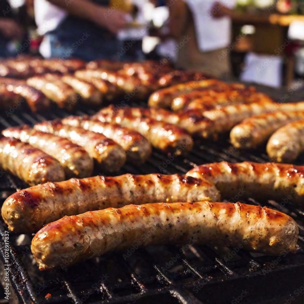 eye-level macro photograph of multiple sausages sizzling on a grill, each sausage glistening with juices, the shallow focus blurring the Oktoberfest crowd in the background eye-level macro photograph of multiple sausages sizzling on a grill, each sausage glistening with juices, the shallow focus blurring the Oktoberfest crowd in the background