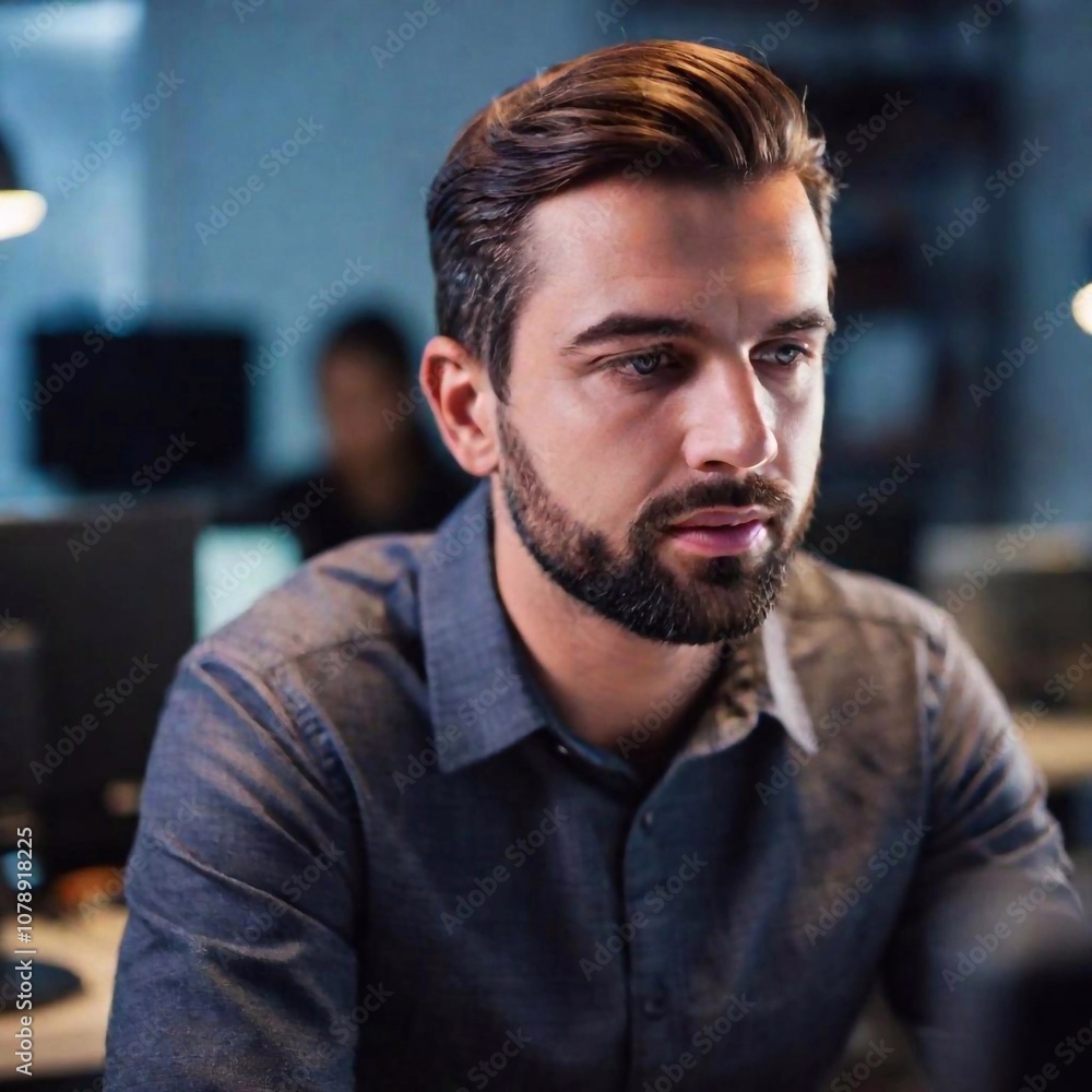 A medium long shot photo of a caucasian male adult in a tech support room, shallow focus on his face as he looks at his monitor while receiving guidance, low angle shot creating a sense of importance A medium long shot photo of a caucasian male adult in a tech support room, shallow focus on his face as he looks at his monitor while receiving guidance, low angle shot creating a sense of importance