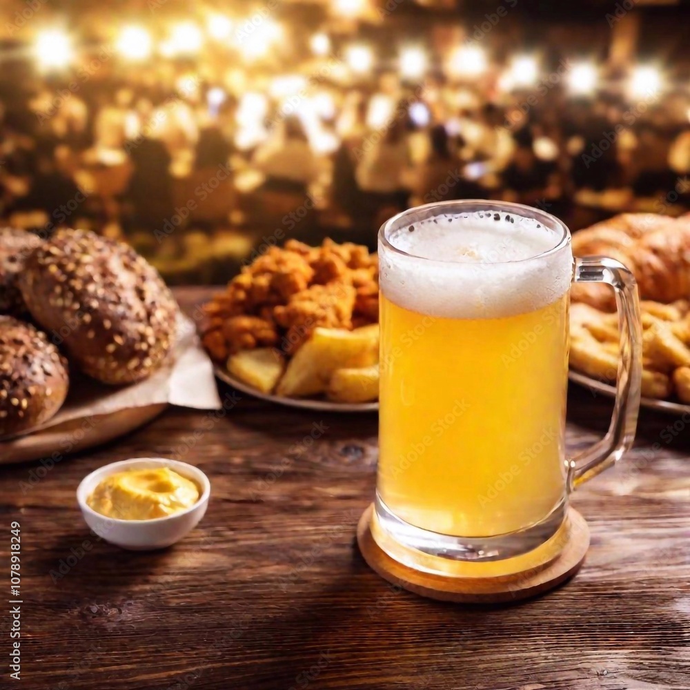 A high angle shot of a beer mug on a rustic wooden table, surrounded by traditional Oktoberfest foods, with the lively tent and crowd softly fading into the background A high angle shot of a beer mug on a rustic wooden table, surrounded by traditional Oktoberfest foods, with the lively tent and crowd softly fading into the background