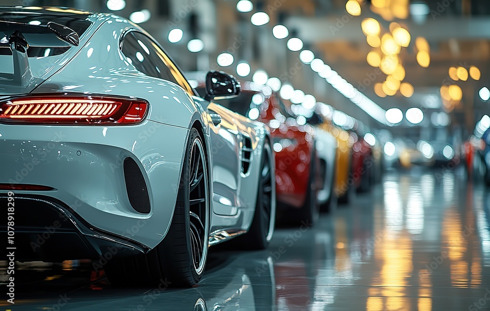 A row of sleek sports cars in a showroom, glistening under bright lights. A row of sleek sports cars in a showroom, glistening under bright lights.