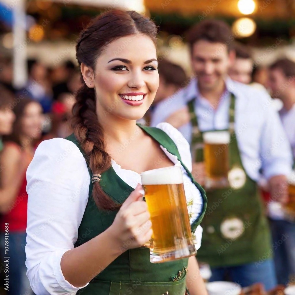A close-up portrait of a Munich Oktoberfest waitress carrying multiple large beer stein with ease. The focus is on the traditional attire, the overflowing beer, and the bustling environment of the bee A close-up portrait of a Munich Oktoberfest waitress carrying multiple large beer stein with ease. The focus is on the traditional attire, the overflowing beer, and the bustling environment of the bee