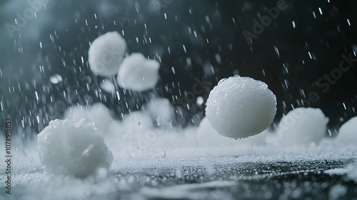 Close-up of large hailstones falling during a hailstorm, showcasing the intense weather and texture of the ice
