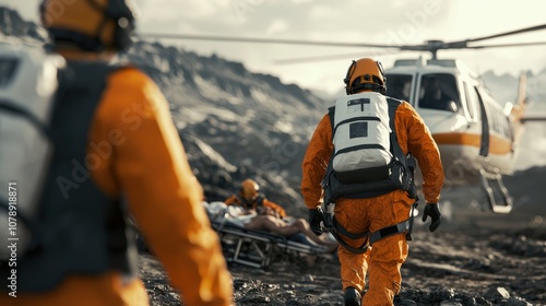 Emergency responders in orange gear approach a helicopter at a rugged rescue site, preparing for an urgent medical mission. photo