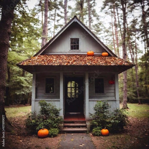 full shot of a haunted hut with Halloween decorations, depicted with a soft focus. The eye-level shot immerses the viewer in the scene, with the photo style highlighting the eerie details, forest arou photo