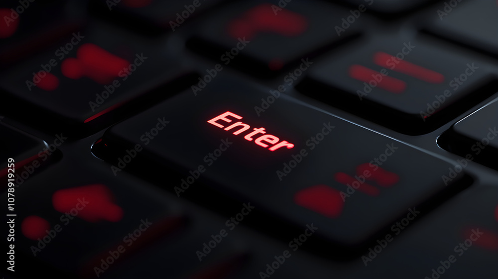 Minimalistic shot of a keyboard focusing on the illuminated enter key in red light creating a sleek and modern look Minimalistic shot of a keyboard focusing on the illuminated enter key in red light creating a sleek and modern look