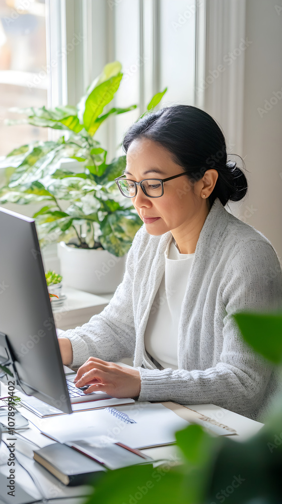 A middle-aged asian woman writes thoughtfully at her desk surrounded by plants and natural light, showcasing a moment of concentration and creativity A middle-aged asian woman writes thoughtfully at her desk surrounded by plants and natural light, showcasing a moment of concentration and creativity