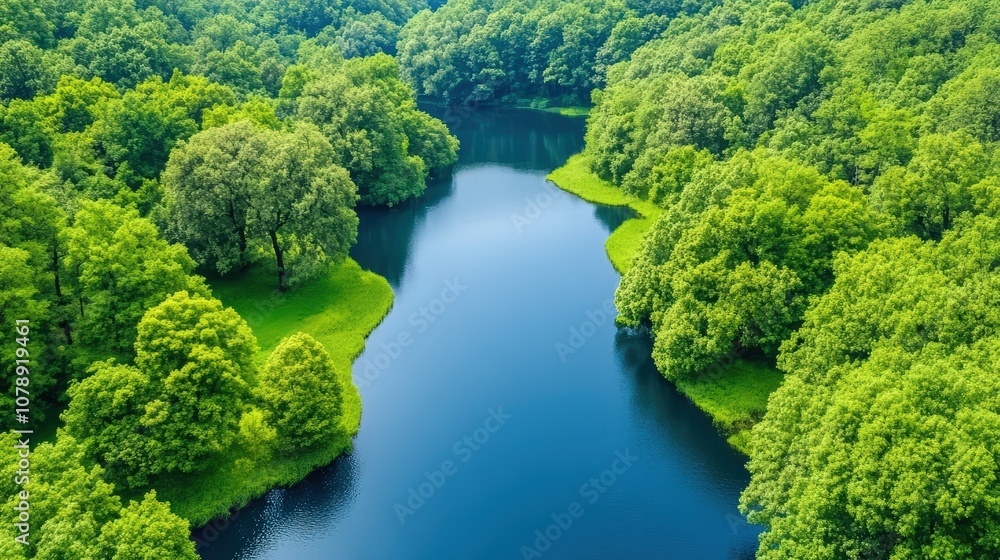 Aerial View of Lush Green Forest Surrounding a Peaceful River - Promoting Carbon Trading and Support for Renewable Energy Initiatives Aerial View of Lush Green Forest Surrounding a Peaceful River - Promoting Carbon Trading and Support for Renewable Energy Initiatives