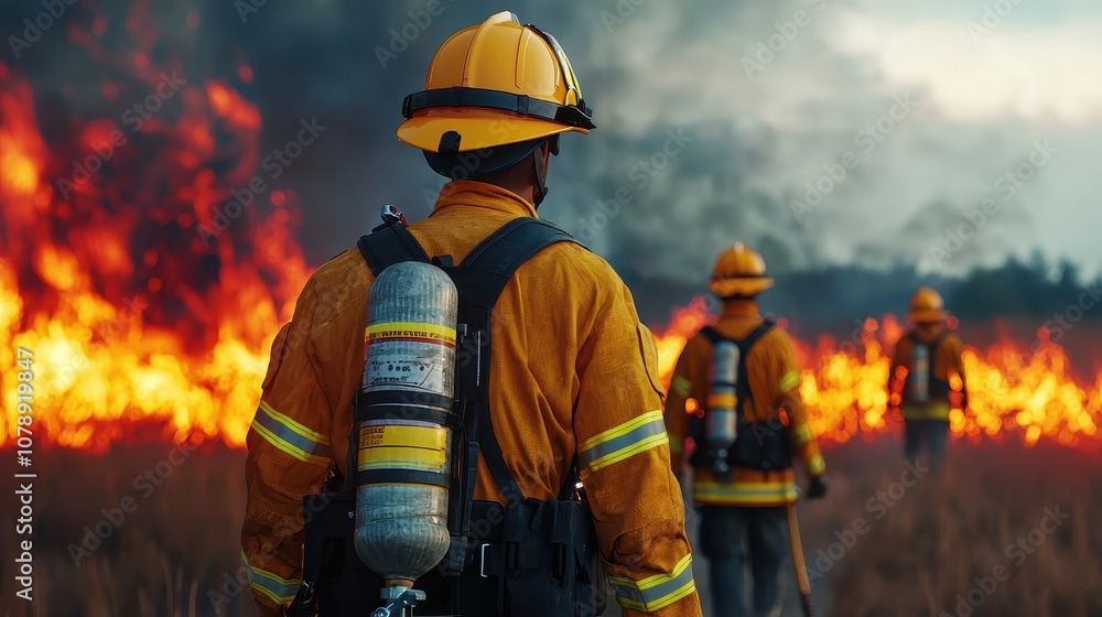 Firefighters battle a raging wildfire, showcasing bravery and teamwork against the backdrop of flames and smoke.