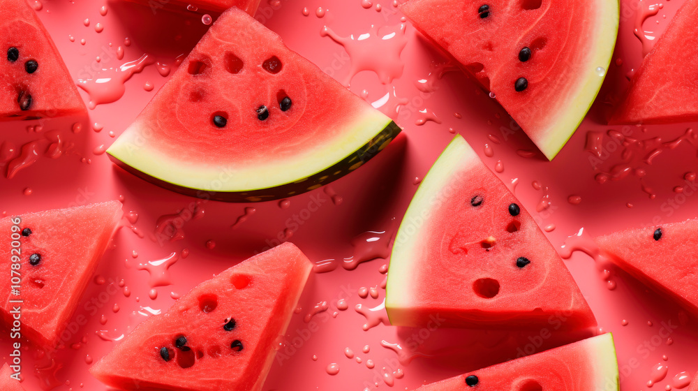 Ripe cut watermelon with dew drops on pink background image. Summertime dessert pattern photo backdrop wallpaper realistic. Farm products for healthy ration concept photorealistic Ripe cut watermelon with dew drops on pink background image. Summertime dessert pattern photo backdrop wallpaper realistic. Farm products for healthy ration concept photorealistic