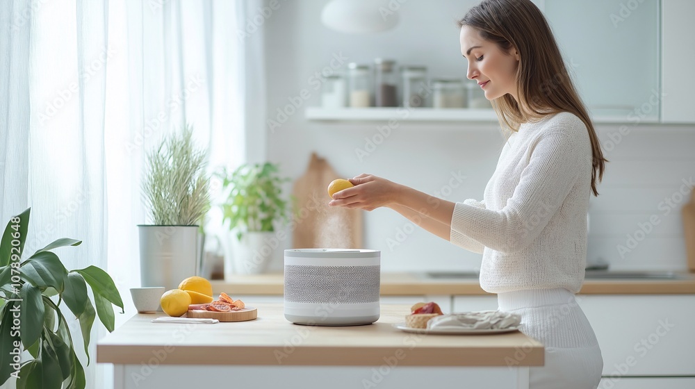 A young woman in a bright, minimalist kitchen is holding a lemon over a humidifier or aroma diffuser on the countertop. Cooking gadgets, modern electric appliances for the cooking process A young woman in a bright, minimalist kitchen is holding a lemon over a humidifier or aroma diffuser on the countertop. Cooking gadgets, modern electric appliances for the cooking process