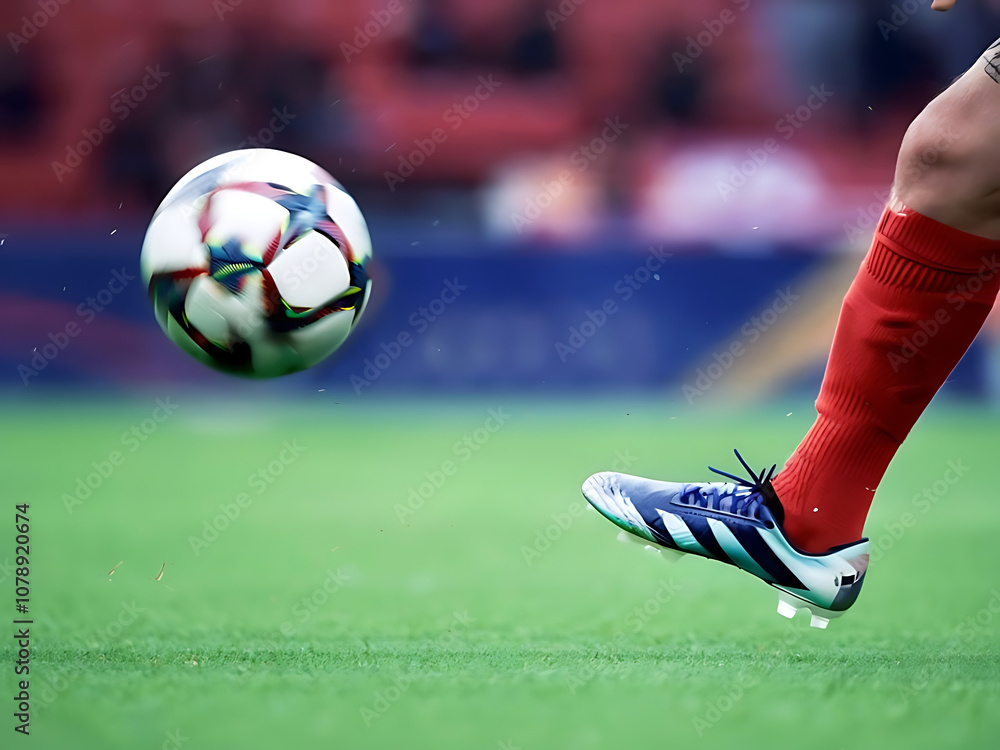 © IAKCreatives - Ai generated side view of football boot kicking a soccer ball - Kicking soccer ball, football © IAKCreatives - Ai generated side view of football boot kicking a soccer ball - Kicking soccer ball, football