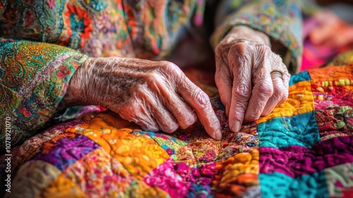 Elderly Hands Resting on Colorful Quilt