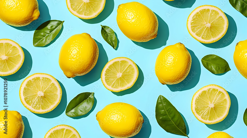 Fresh Lemons and Green Leaves Arranged on a Light Blue Background, Creating a Vibrant and Refreshing Pattern. Fresh Lemons and Green Leaves Arranged on a Light Blue Background, Creating a Vibrant and Refreshing Pattern.