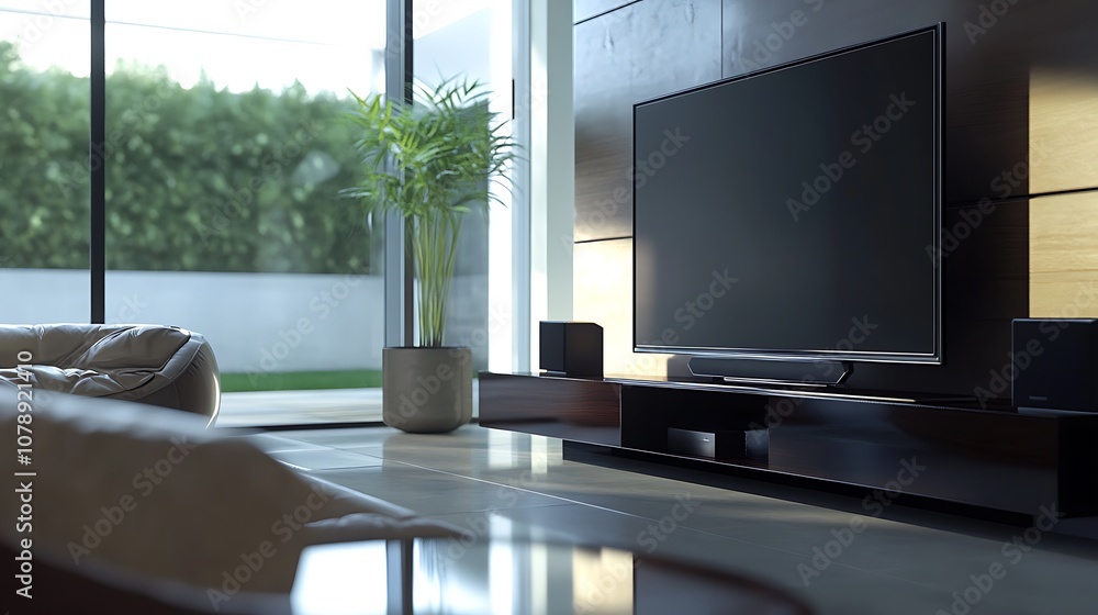Television mockup with blank screen on a sleek TV stand in a contemporary lounge area Television mockup with blank screen on a sleek TV stand in a contemporary lounge area