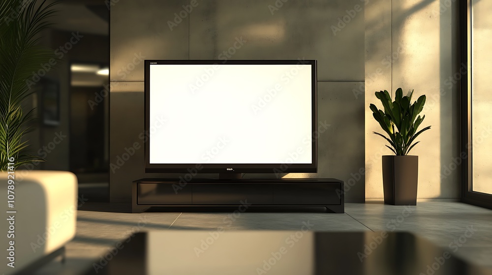 Television mockup with blank screen on a sleek TV stand in a contemporary lounge area Television mockup with blank screen on a sleek TV stand in a contemporary lounge area