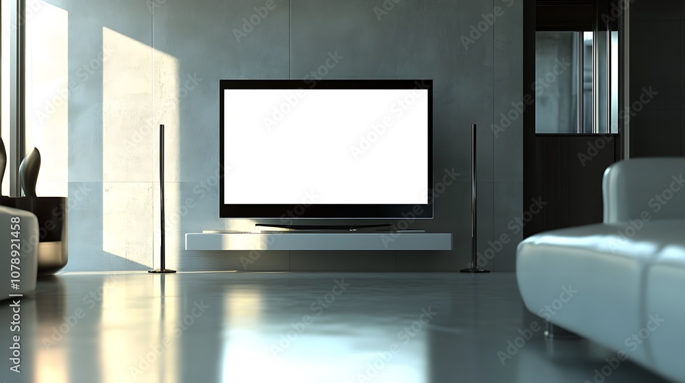 Television mockup with blank screen on a sleek TV stand in a contemporary lounge area Television mockup with blank screen on a sleek TV stand in a contemporary lounge area