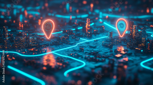 A cityscape with two glowing pins on a blue background