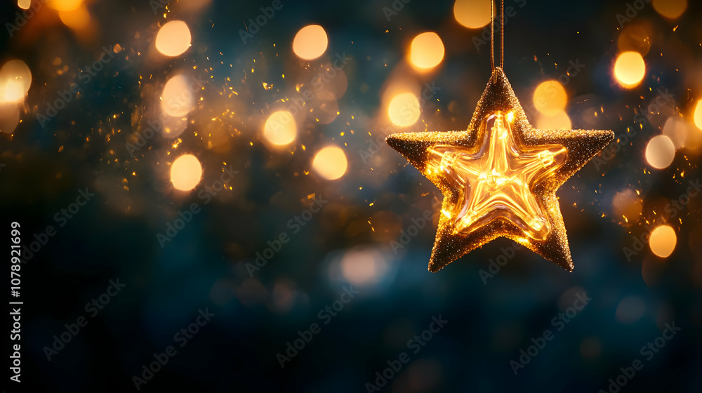 A Golden Star Ornament Hanging with a Sparkling Bokeh Background, Creating a Festive and Magical Atmosphere A Golden Star Ornament Hanging with a Sparkling Bokeh Background, Creating a Festive and Magical Atmosphere