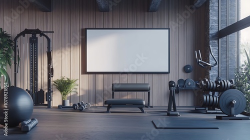 Blank screen television mockup in a home gym setup with exercise equipment around