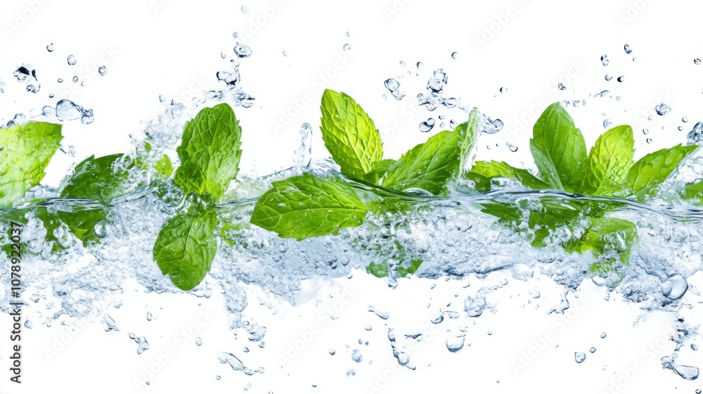 Fresh Mint Leaves Splashing in Water - Organic and Refreshing Fresh Mint Leaves Splashing in Water - Organic and Refreshing