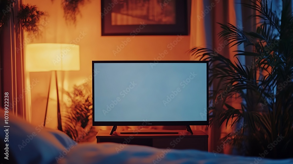 Blank television mockup on a stand in a bedroom setting with soft lighting and decor Blank television mockup on a stand in a bedroom setting with soft lighting and decor