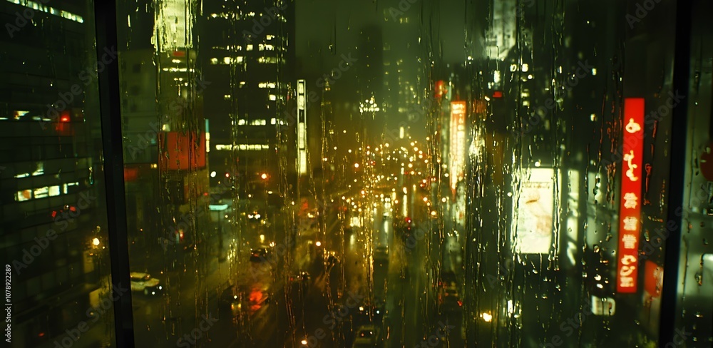 Fototapeta premium Photograph of a rainy night city through a window, with blurred lights and bokeh, raindrops on the glass