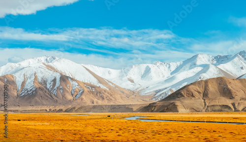 Beautiful autumn scenery of Muji Wetland, Muji River, and Chamu Section Road in Kashgar region, Pamir Plateau in Xinjiang, China. photo