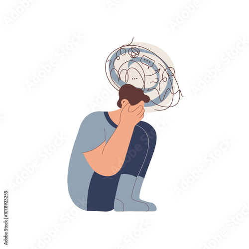 Mental disorders illustration. Frustrated man with nervous problem feel anxiety and confusion of thoughts, closing face with palms in despair. Vector flat illustration